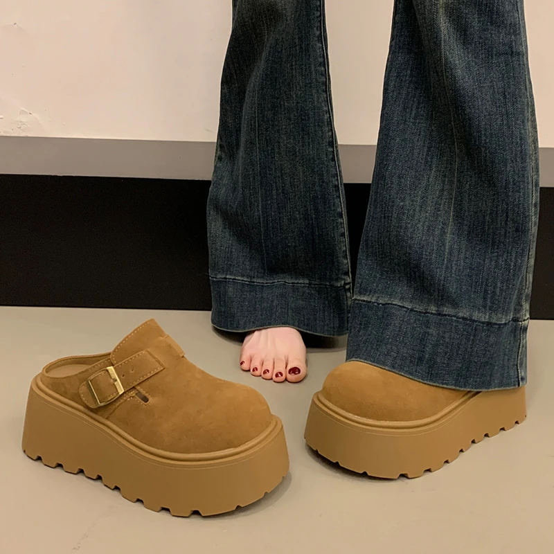 小个子厚底增高包头勃肯鞋女加绒2025年早春新款一脚蹬懒人棉拖女