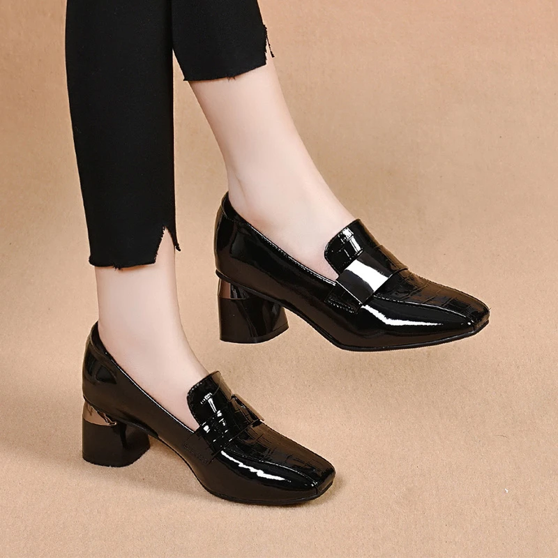 英伦风纳帕纹皮鞋圆头单鞋春秋鞋子深口方头乐福鞋粗跟英伦