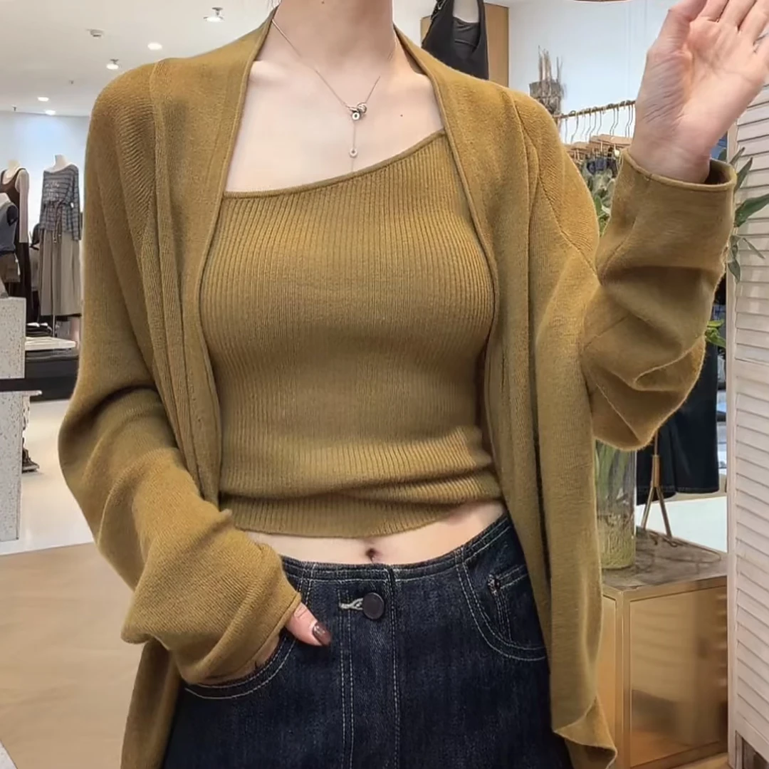 时尚气质长袖针织开衫吊带两件套2025韩系早秋气质百搭显瘦套装