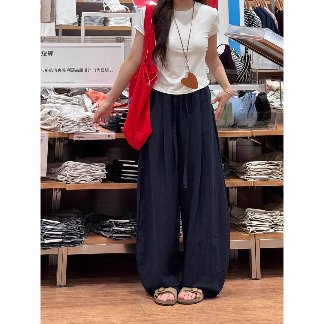藏青色冰丝亚麻弯刀裤子大码女胖mm显瘦夏季薄款防晒阔腿杨桃裤潮