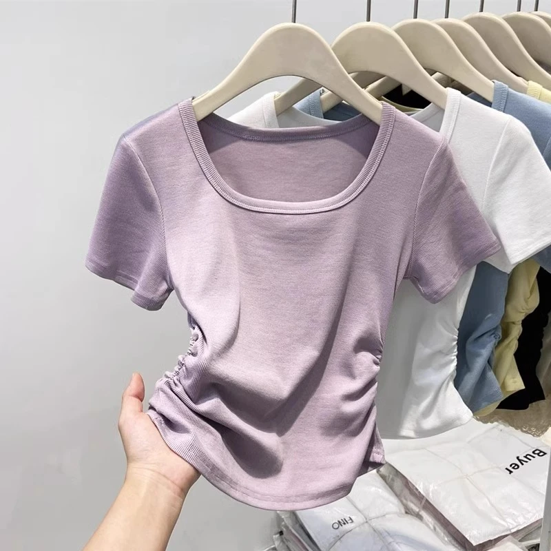 紫色短袖t恤女夏季2025年新款方领修身纯色收腰短款正肩上衣体恤