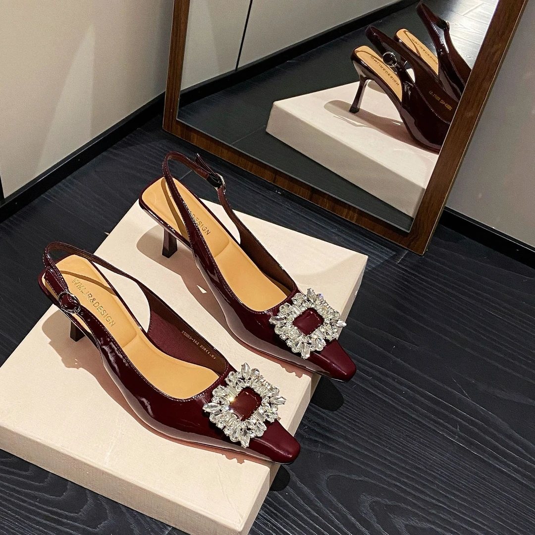 【6公分】方头网红水钻方扣春季百搭时尚浅口后空细跟高跟鞋单鞋女