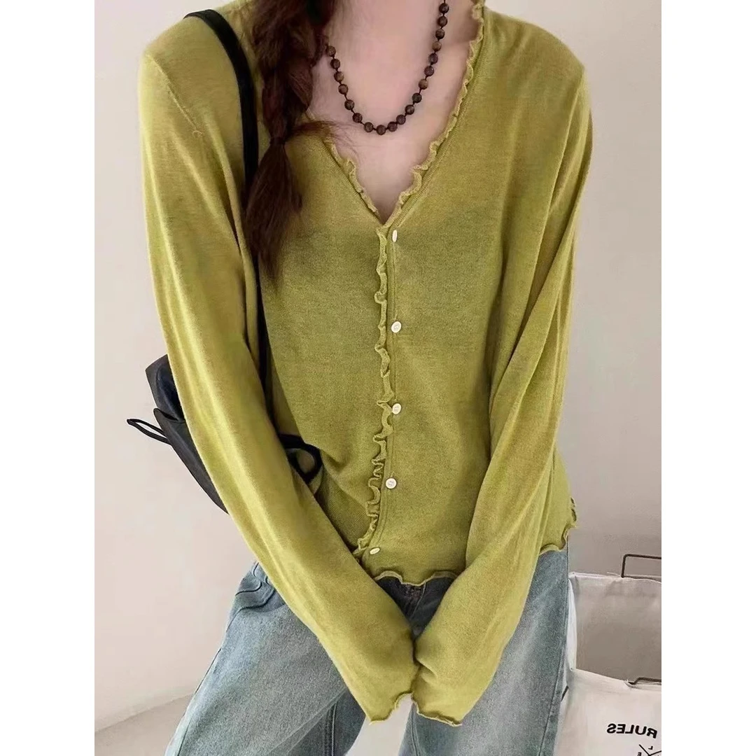 木耳花边V领长袖防晒开衫女薄款针织衫 D132