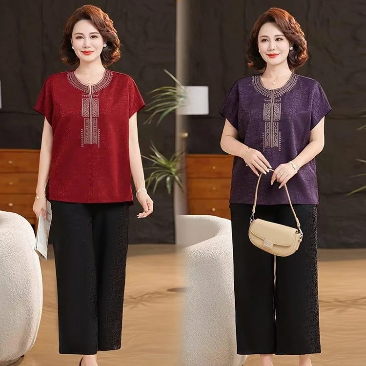 气质大码女装妈妈装洋气中老年夏装显瘦时尚休闲薄款减龄宽松套装