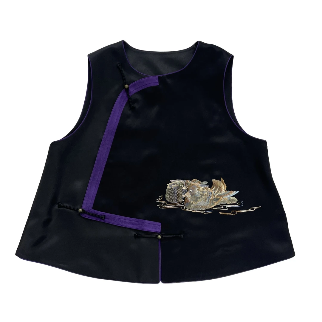 寨优袡【鸳鸯20139】复古香云纱手绣无领马甲