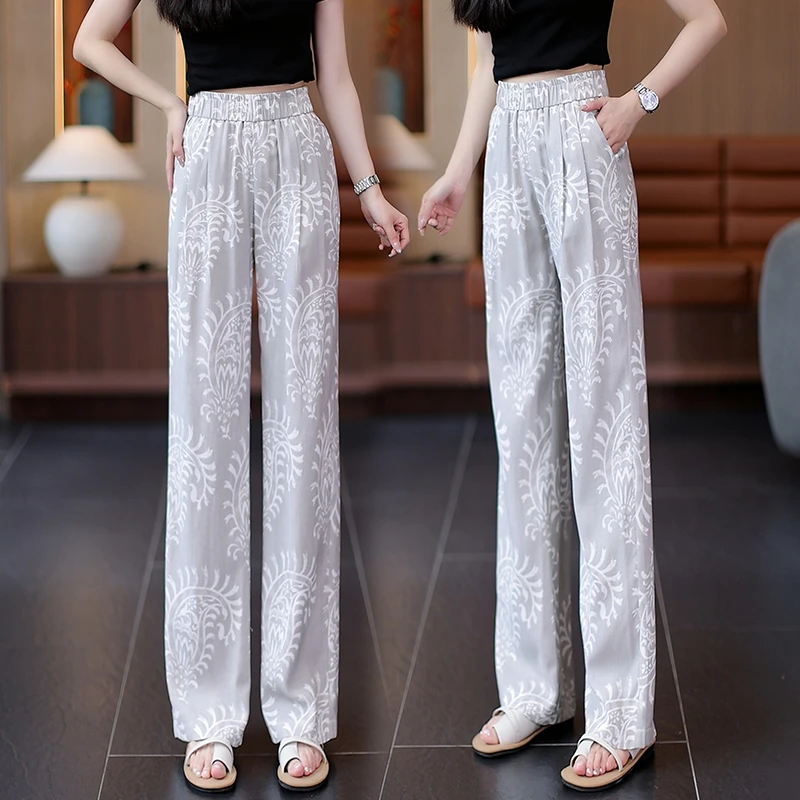 夏季印花薄款直筒裤休闲裤女2025春新款妈妈装高腰宽松阔腿裤子潮
