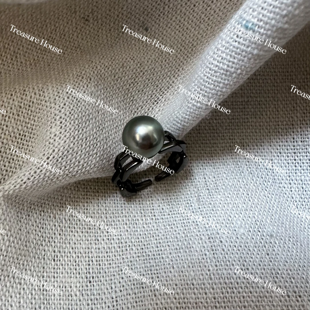 【宝藏】9-10mm海水大溪地黑珍珠酷黑立体锁链时尚戒指