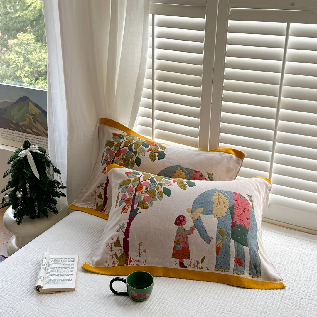 【苹果象枕巾】纯棉四层纱布枕巾一对装 家用枕头巾沙发扶手巾52*76