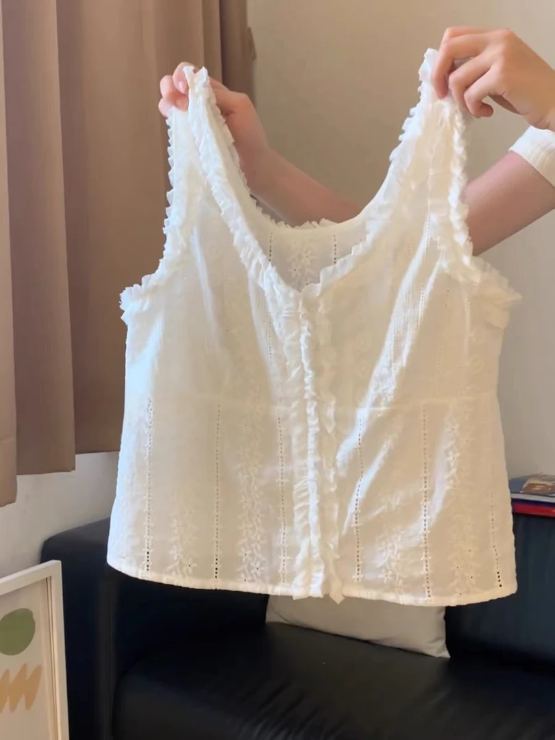 D4514 2025夏季新款韩系减龄蕾丝花边白色吊带背心小众衬衫