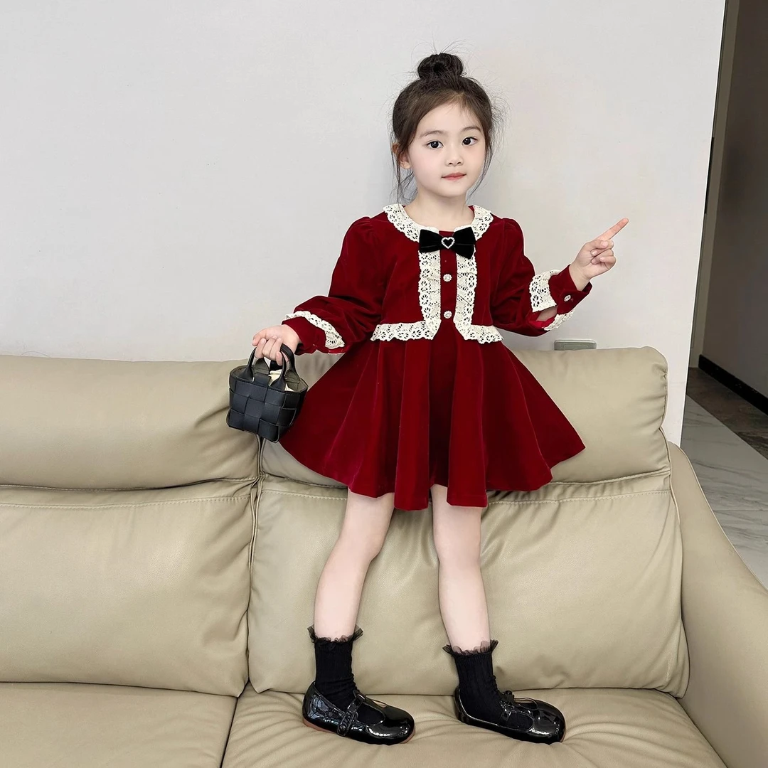 女童红色加绒丝绒连衣裙秋冬小女孩新款新年礼服公主裙子