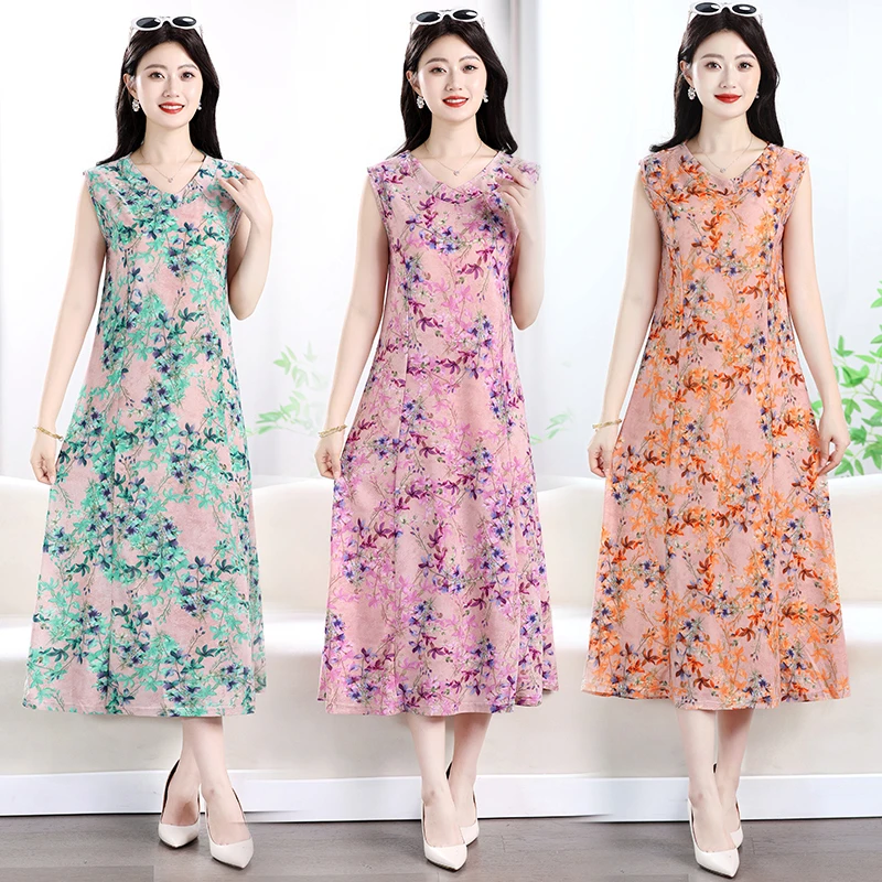 夏季中老年妈妈装无袖V领套头连衣裙中长款修身显瘦妈妈装夏季