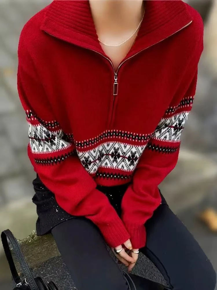 2024高端复古提花半拉链翻领羊绒毛衣长袖针织时尚休闲女士条纹