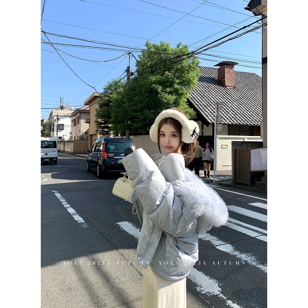 YOLI张宥利"冬日缪斯"蓝色狐狸毛领羽绒服女冬休闲百搭短款厚外套