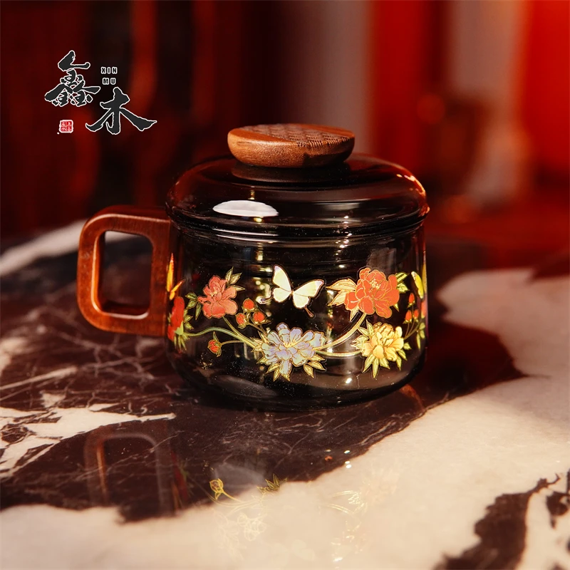 烟灰色蝴蝶花泡茶杯高硼硅玻璃杯