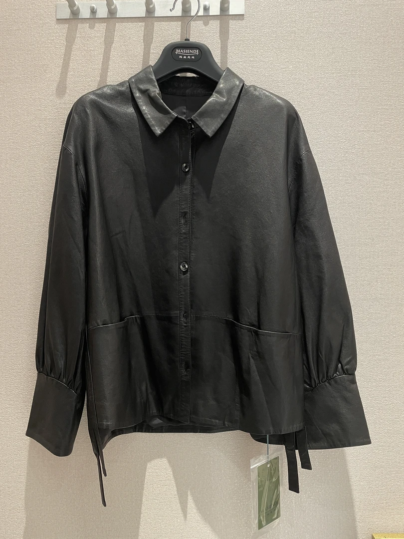 玛丝恩迪春秋款长款皮衣外套女款黑色休闲时尚百搭翻领45404