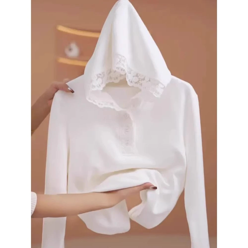 连帽蕾丝打底衫女内搭秋冬2025新款简约休闲叠穿百搭长袖上衣