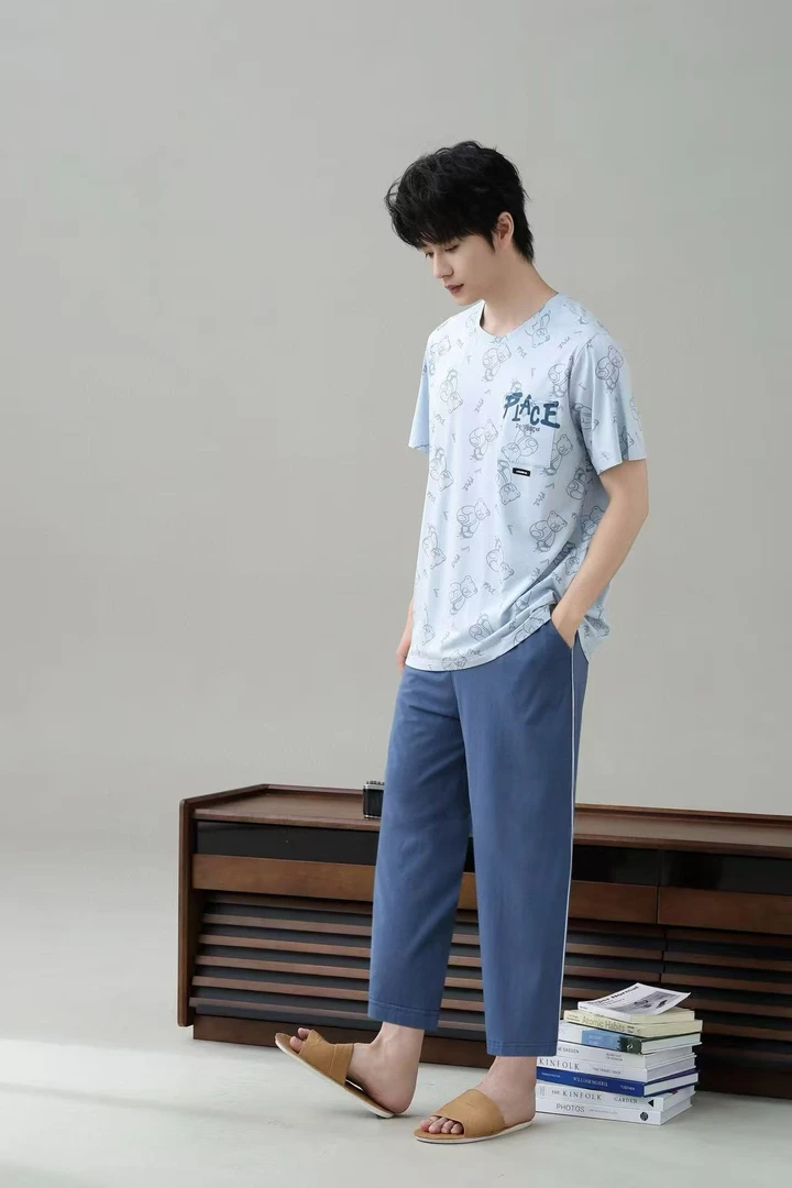 男士夏季睡衣短袖长裤卡通设计舒适家居服套装休闲