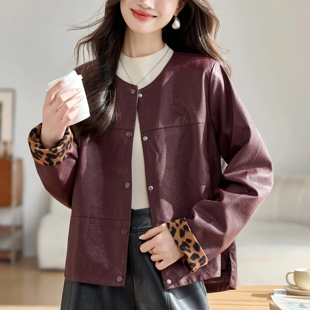 圆领皮衣外套女2025年春秋新款妈妈时尚气质休闲减龄豹纹撞色上衣