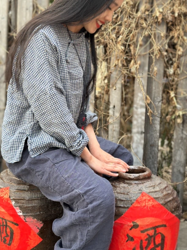 纯衣不染/原创设计〈瑶池〉早春新款复古色织亚麻斜襟盘扣套头衫