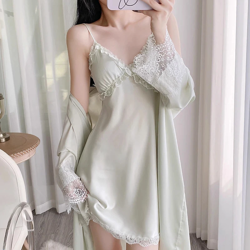 2025新款夏季冰丝睡衣女蕾丝吊带睡裙纯欲风带胸垫睡袍家居服套装