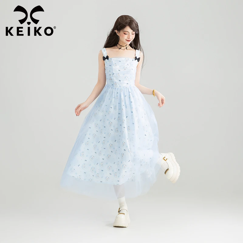 KEIKO 温柔蓝色小碎花吊带裙25夏季薄纱拼接打揽显瘦A字连衣裙子