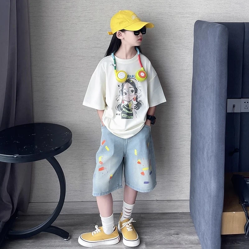 女童夏美式潮牌宽松休闲印花短袖设计感手绘涂鸦牛仔中裤套装韩版