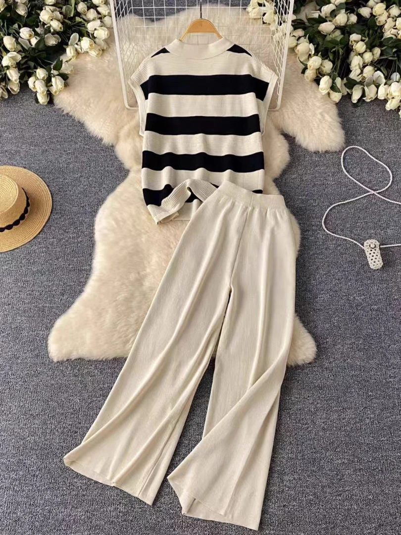 9308春秋时尚套装女韩版翻领宽松条纹针织衫两件套高腰阔腿裤上衣