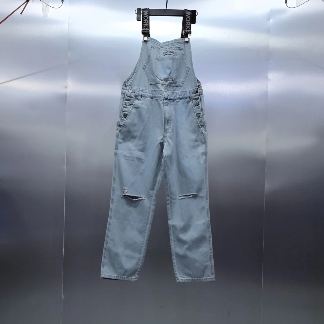 X09-70223-GX裤腿破洞风格设计时尚牛仔背带长裤