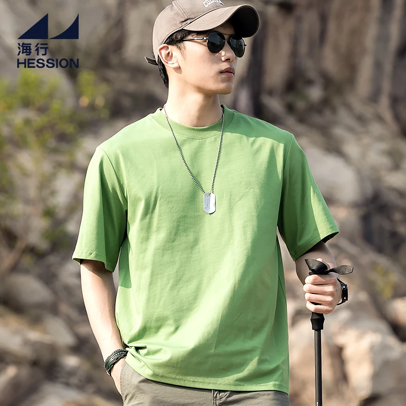海行绿色纯色索罗娜凉感透气圆领T恤男户外宽松简约正肩百搭短袖