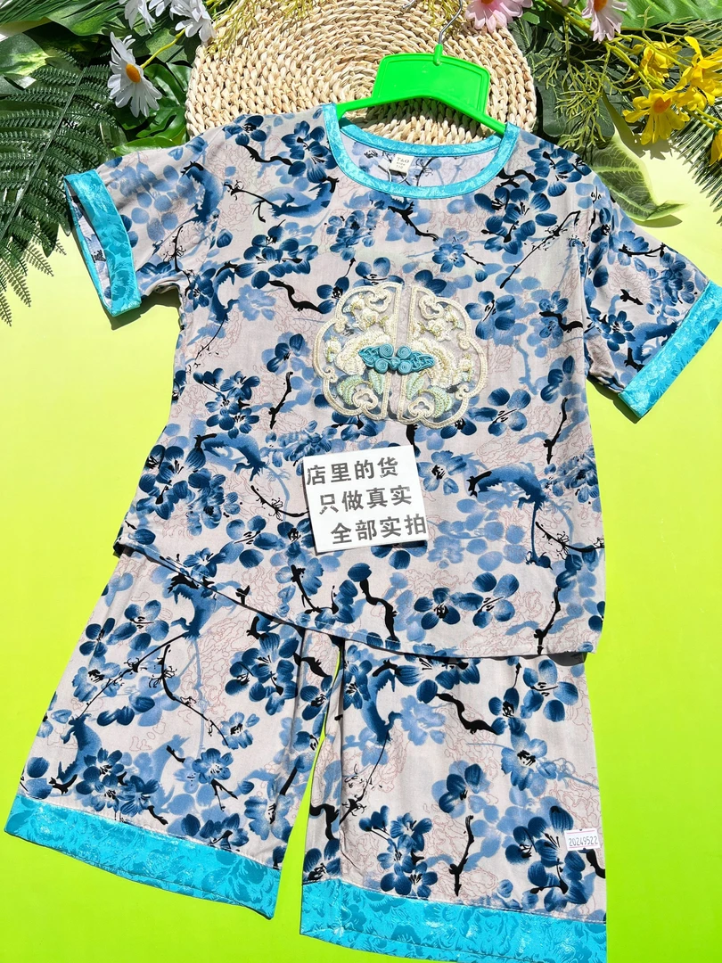 D047山东人造棉儿童套装外穿裙子裤子上衣断码清仓夏棉绸洋气时尚