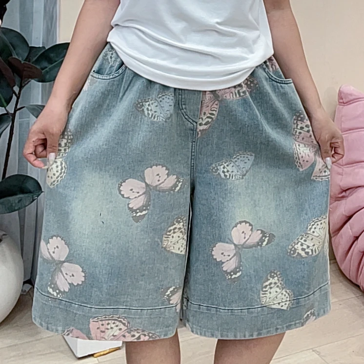 755大蝴蝶印花牛仔六分短裤女