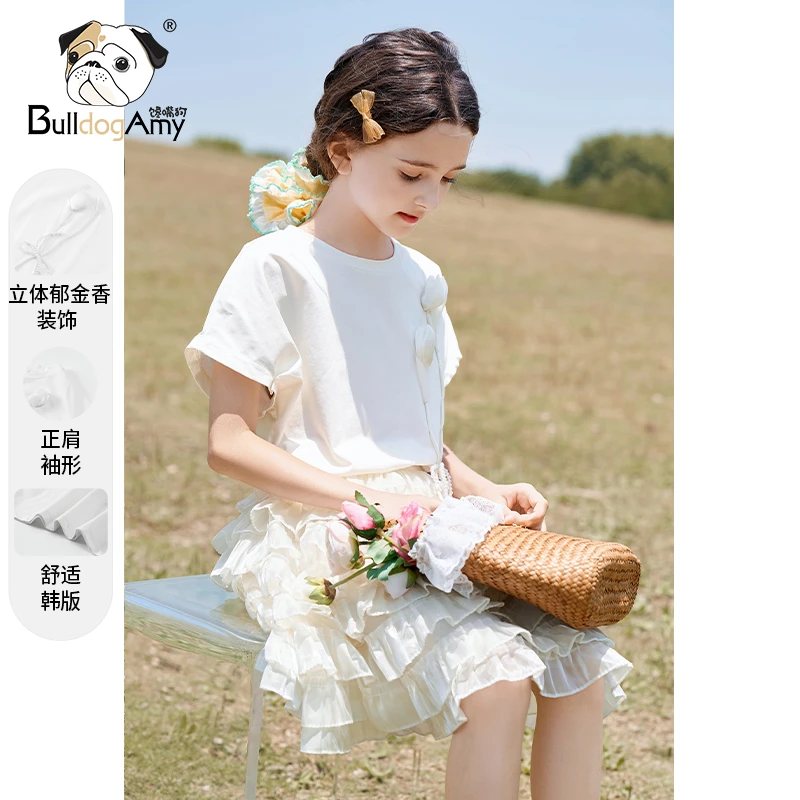 女童正肩短袖2025夏季新款洋气儿童T恤白郁金香珍珠装饰百搭上衣
