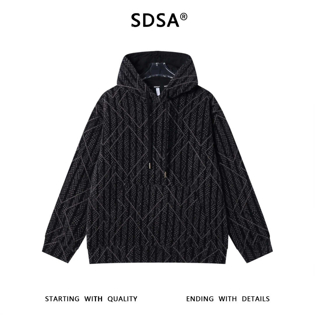 SDSA男士秋冬新款痞帅时尚韩版抽绳连帽卫衣撞色格子绒毛设计上衣