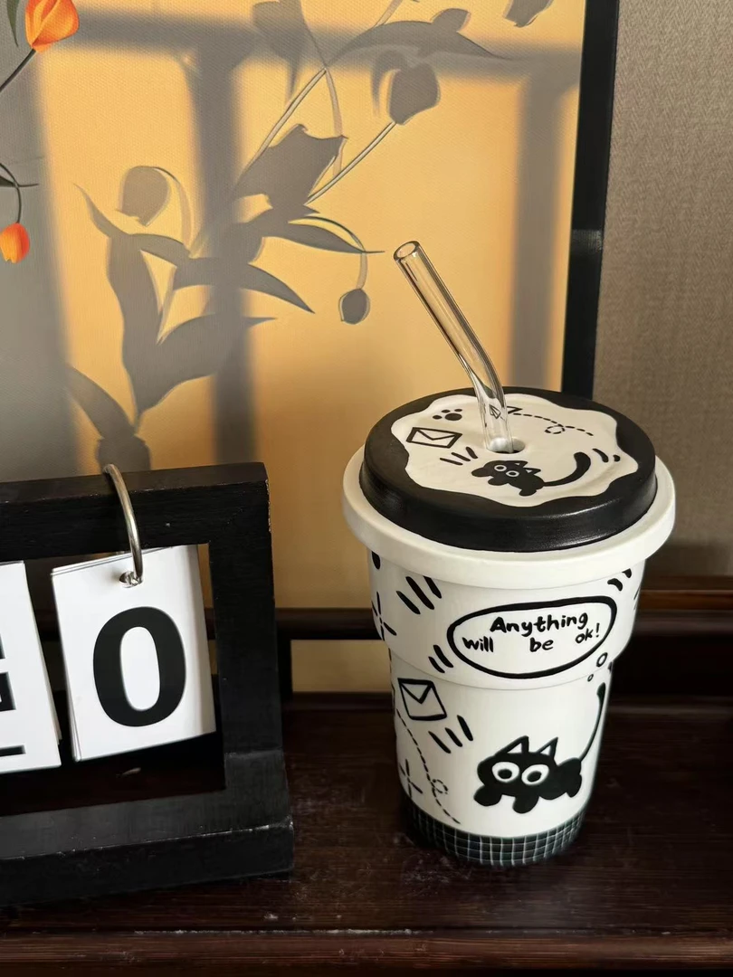 景德镇高温釉下彩纯手绘创意瓷    小黑猫吸管