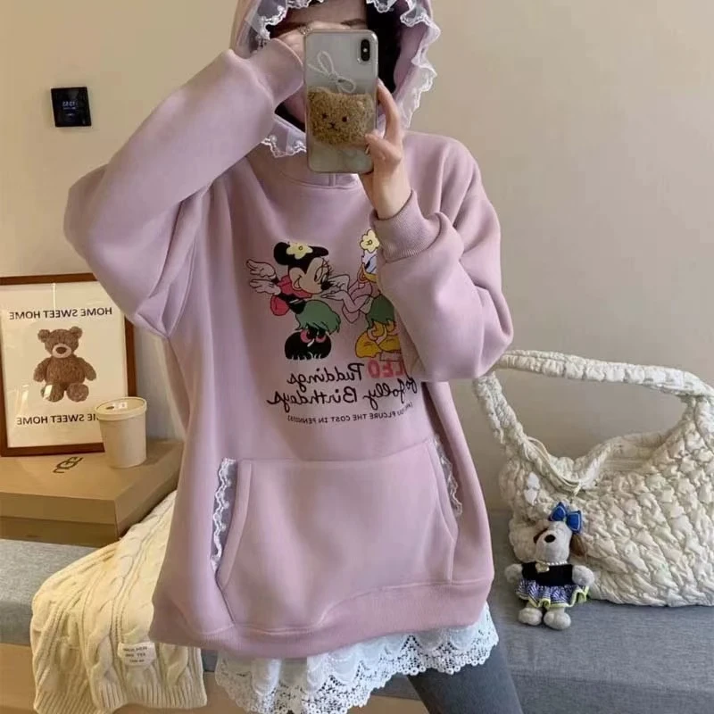 韩版卡通加绒蕾丝边连帽卫衣