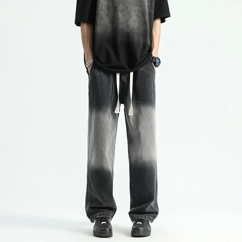 美式渐变牛仔裤男秋冬季高街潮宽松做旧直筒裤休闲微喇裤