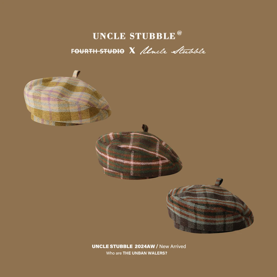 日系复古格纹贝雷帽秋冬文艺毛呢蓓蕾帽韩系美拉德咖色画家帽女