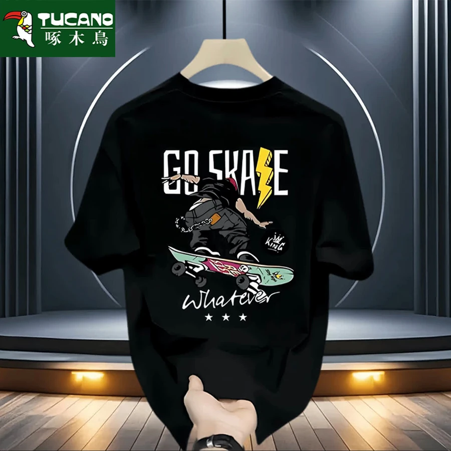 啄木鸟短袖T恤男士休闲时尚百搭圆领打底宽松舒适纯棉体恤潮流