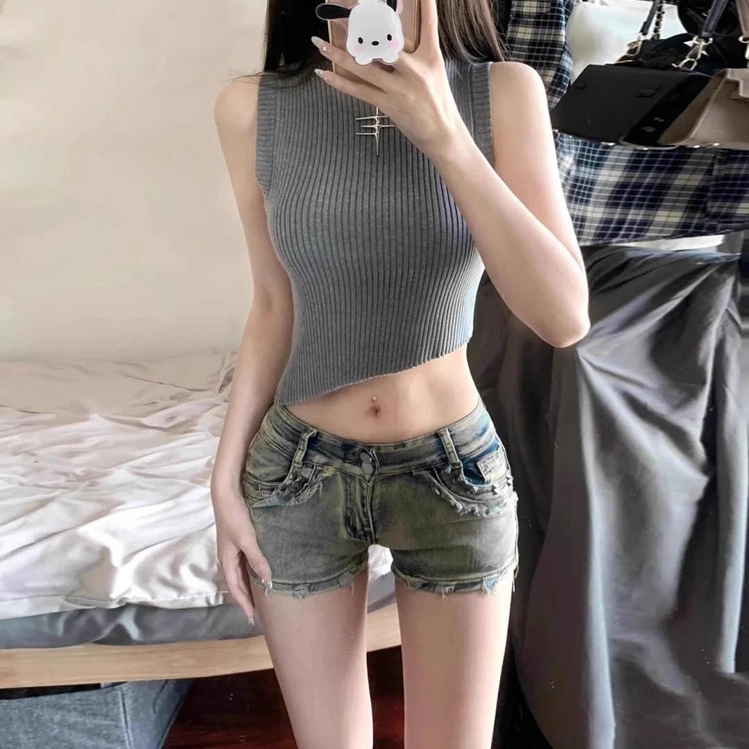 雪千羽美式复古牛仔短裤2025夏新款紧身弹力辣妹性感包臀低腰热裤