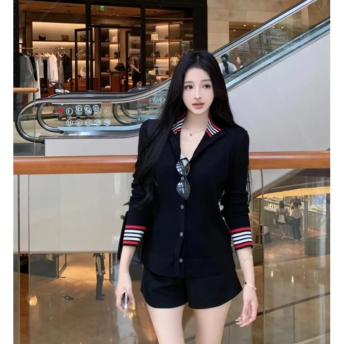 复古撞色条纹长袖针织外套女秋季慵懒修身毛衣开衫单排扣百搭上衣