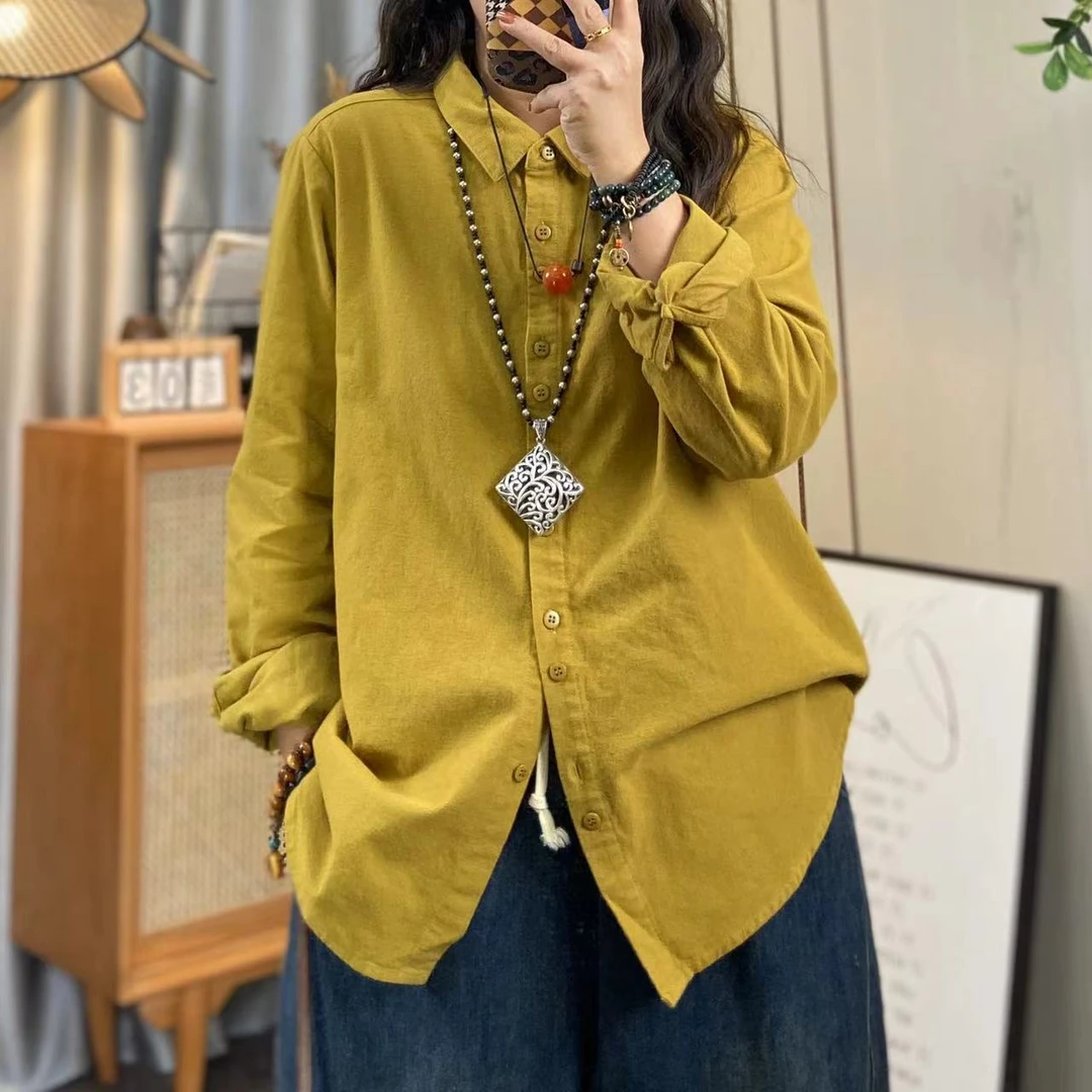 欣欣 春季新款纯色磨毛长袖衬衫女文艺宽松休闲衬衣