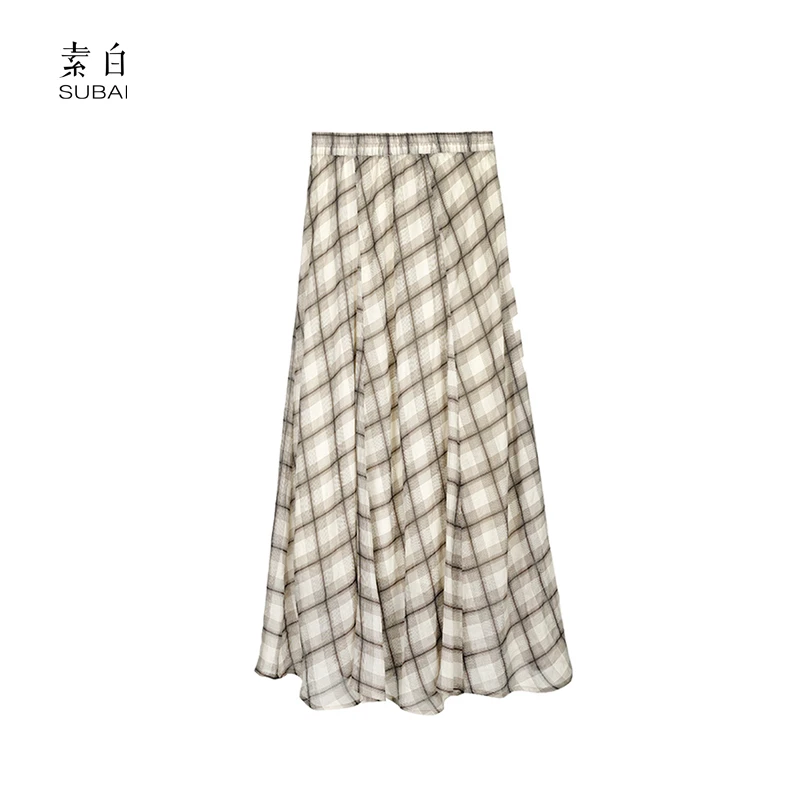 素白显瘦复古【漫舞】Q01414港风高腰斜格遮胯显瘦大摆长裙半身裙