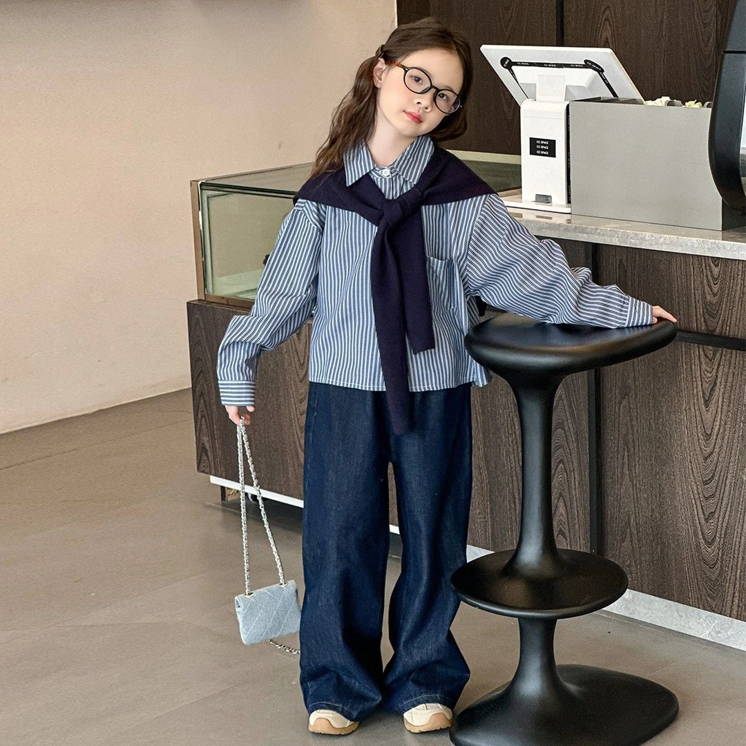 女童条纹衬衫套装春秋季2025新款儿童洋气中大童休闲牛仔裤两件套