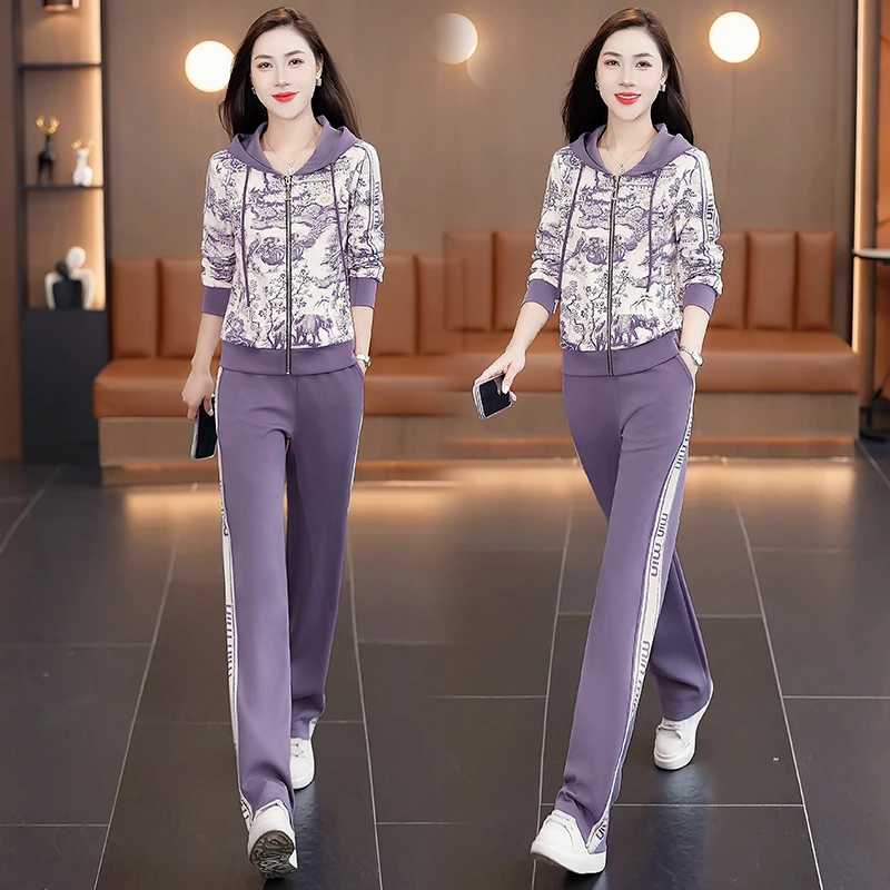 2025新款春秋运动套装女洋气时尚连帽跑步服宽松显瘦减龄两件套装