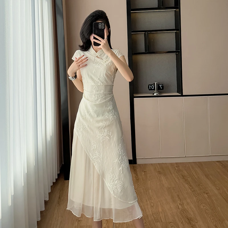 夏季新中式春夏改良中式连衣裙蕾丝法式裙子显瘦连衣裙日常修身