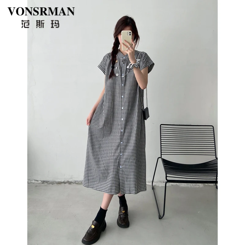 VONSRMAN黑白格连衣裙女夏季2025新款时尚休闲气质收腰显瘦衬衫裙