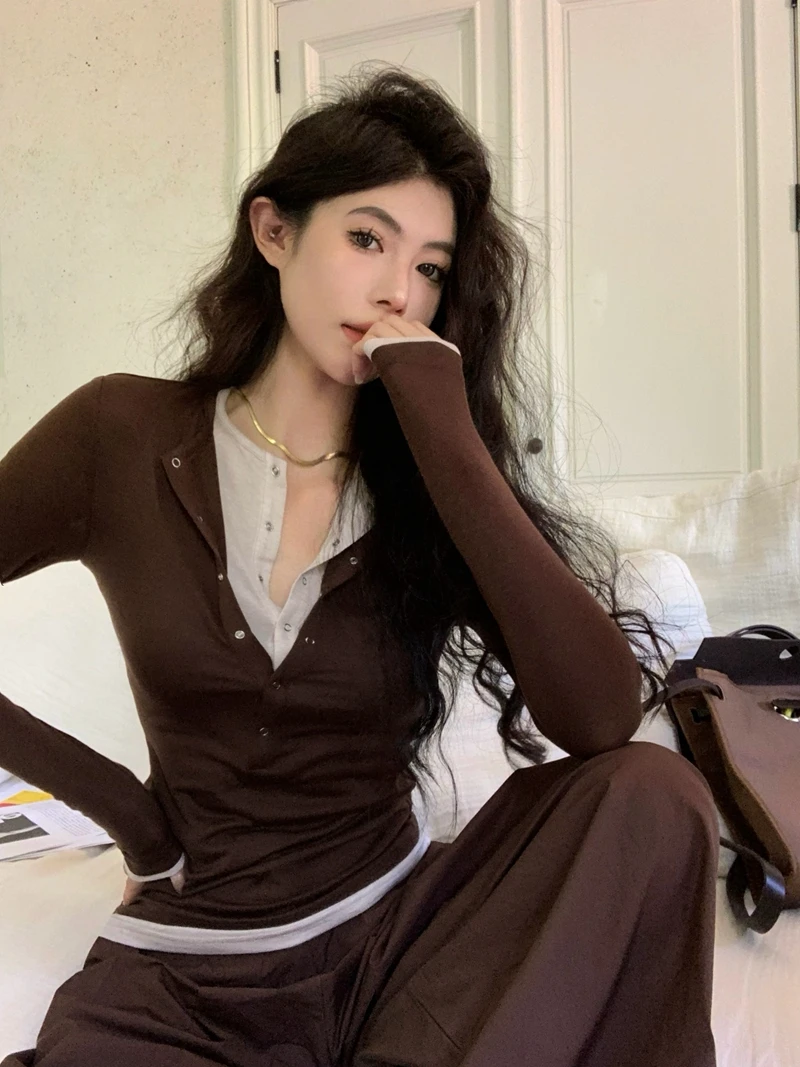 番茄妹妹Tomatosister撞色沙丘 百搭亲肤修身显瘦德绒假两件上衣