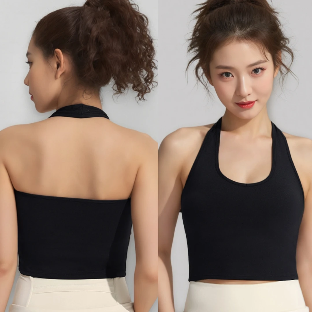 挂脖瑜伽背心加宽下围收腹可拆胸垫美背吊带健身外穿跑步运动文胸