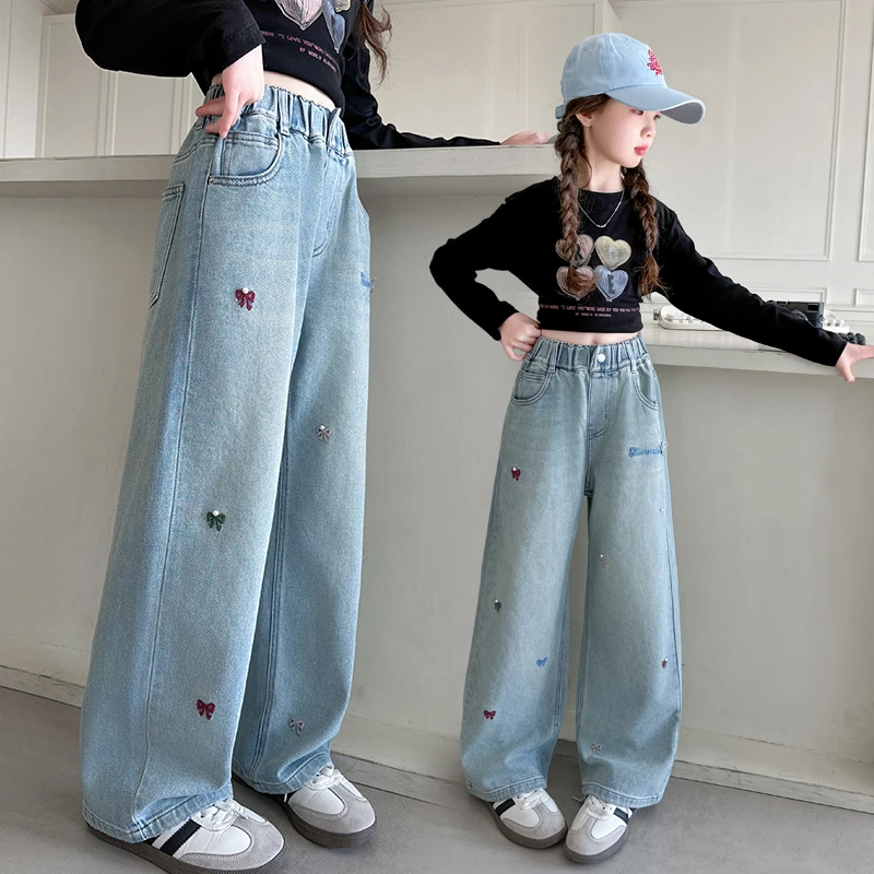 女童牛仔裤2024新款女孩儿童春秋绣蝴蝶直筒裤子中大童学生阔腿裤