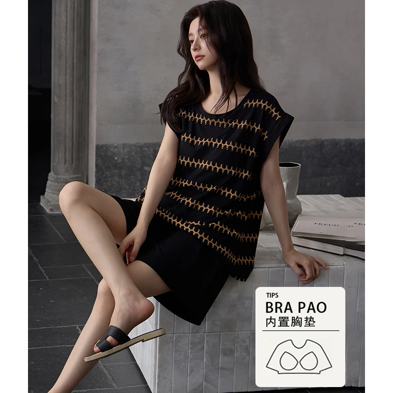 莫代尔带胸垫无袖背心短裤睡衣套装女夏简约条纹薄款家居服可外穿